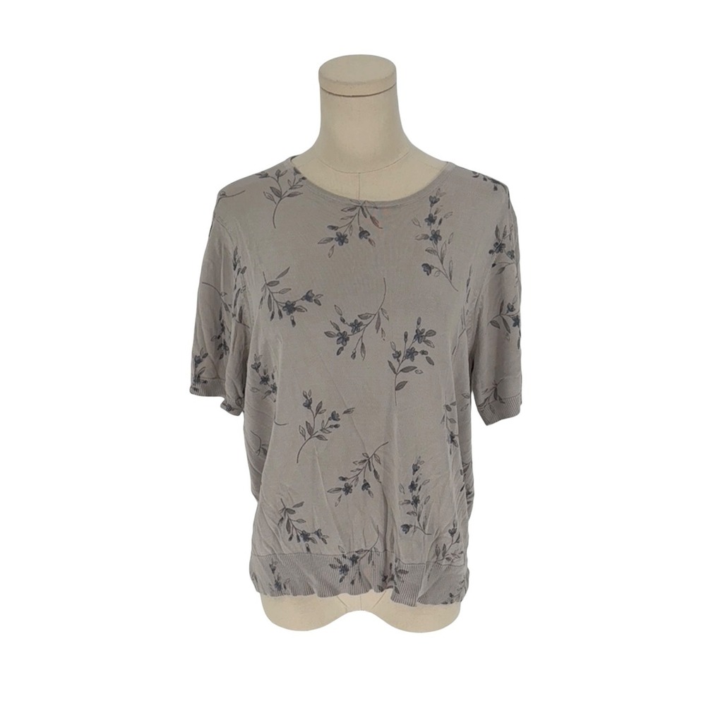 Liz Claiborne Collection Knit Top Grey Floral Short Sleeve 100% Silk L